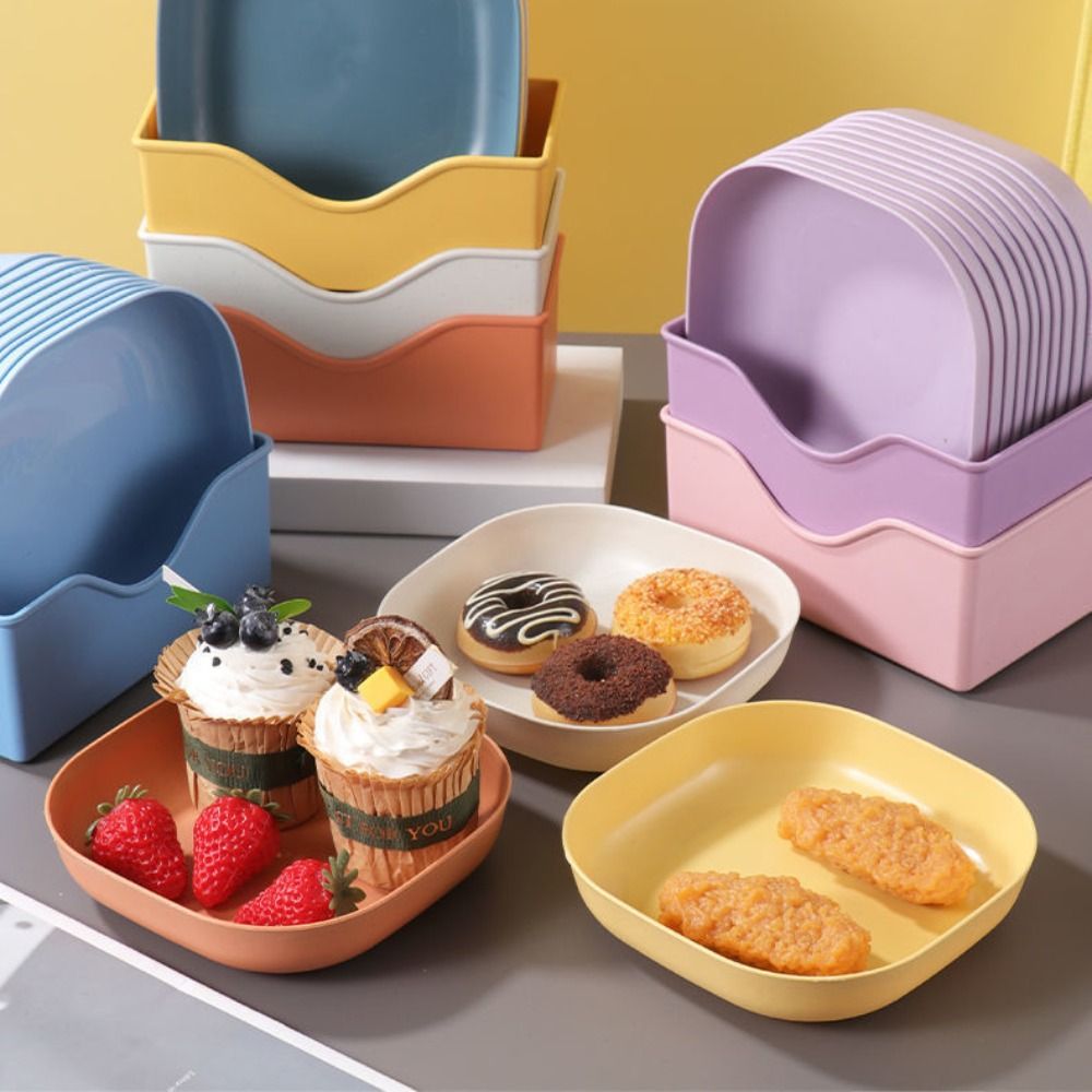 10pcs Square Plates, Portable Food Plate Set, Durable Plastic, for Outdoor, Snack and Breakfast Snack tray with base storage box