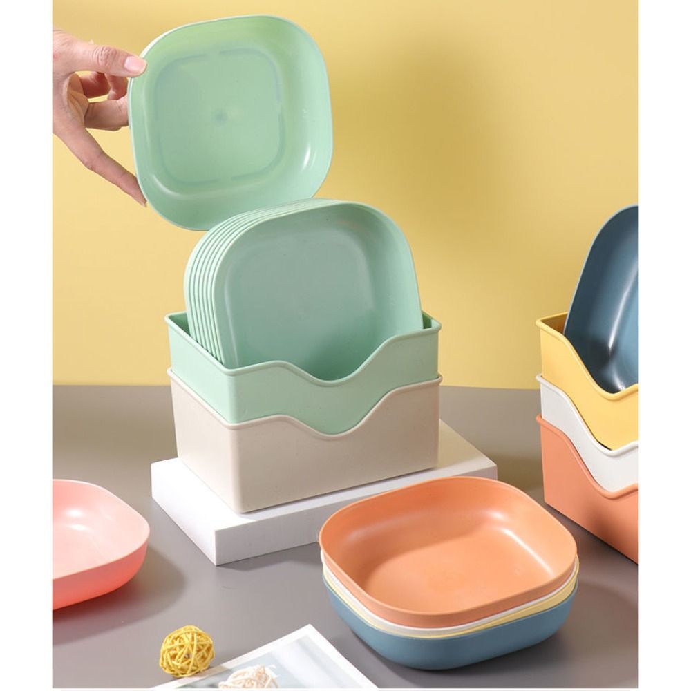 10pcs Square Plates, Portable Food Plate Set, Durable Plastic, for Outdoor, Snack and Breakfast Snack tray with base storage box