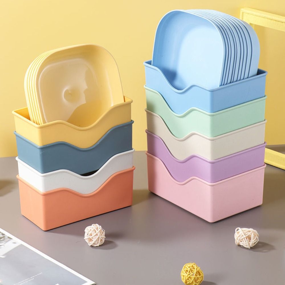 10pcs Square Plates, Portable Food Plate Set, Durable Plastic, for Outdoor, Snack and Breakfast Snack tray with base storage box